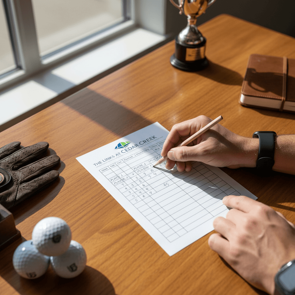 Golf scorecard being marked at clubhouse