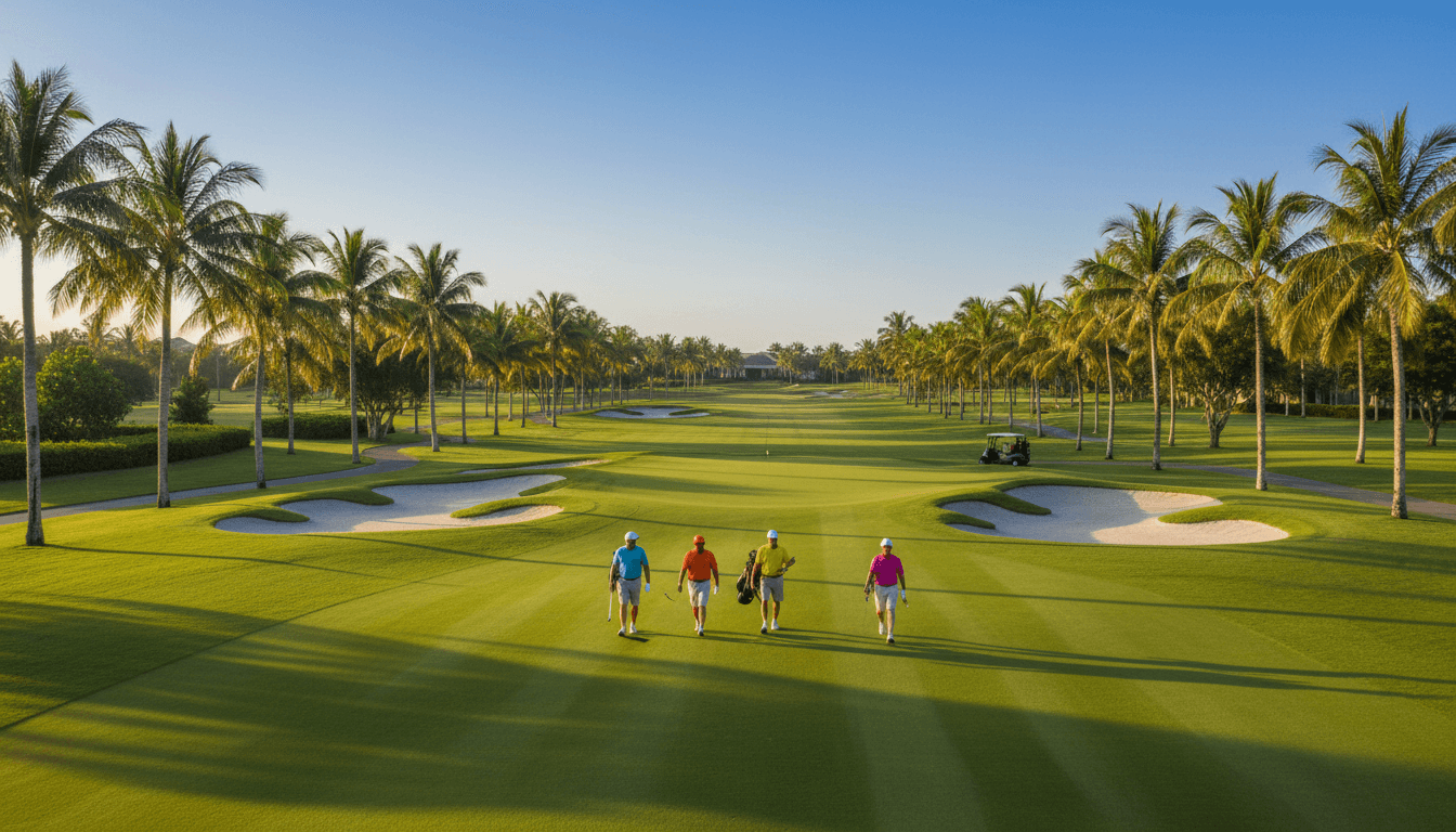 Graduating seniors golfing on a tropical course with palm trees and blue skies