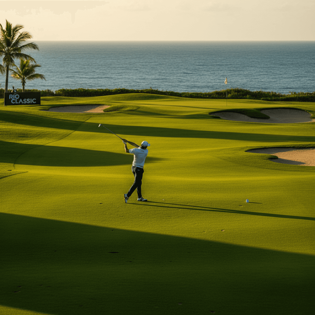 Golfer mid-swing on Rio championship course with ocean view