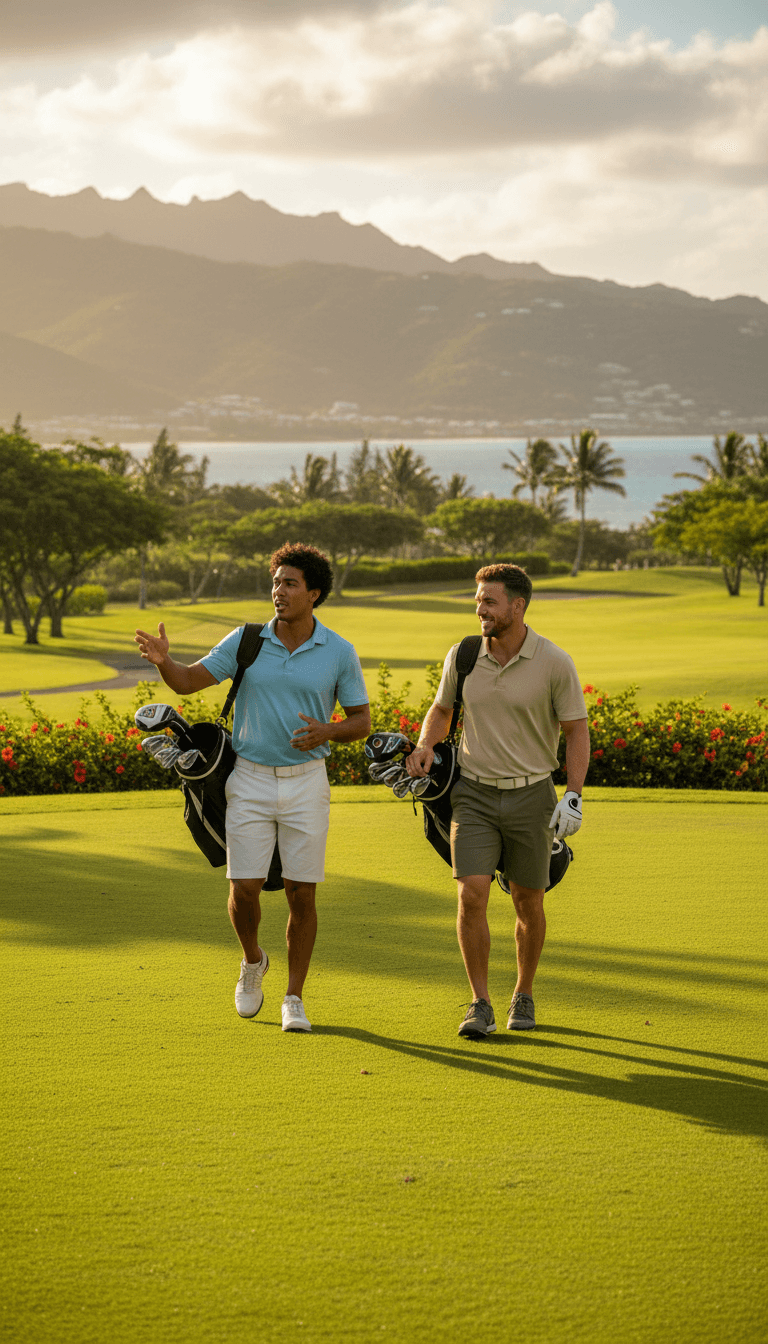 Two golfers walking and conversing on fairway