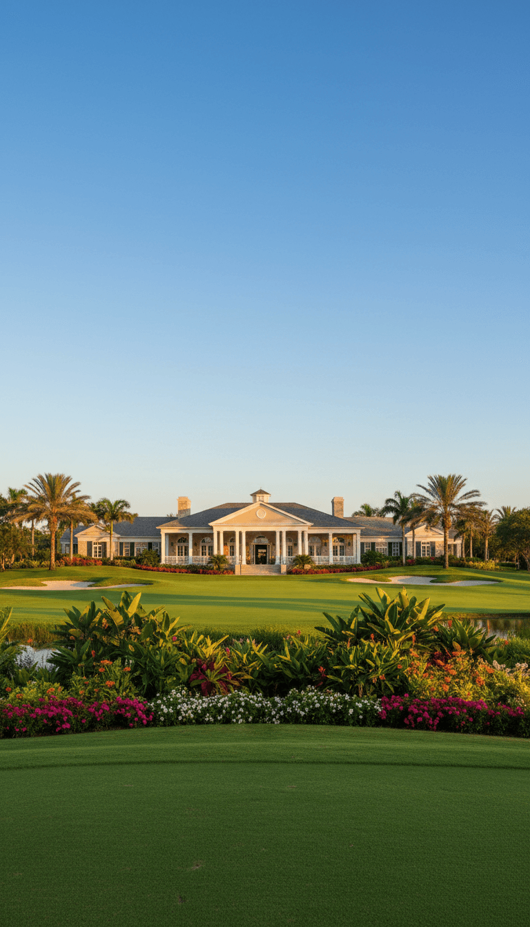 Luxury golf resort clubhouse overlooking manicured course