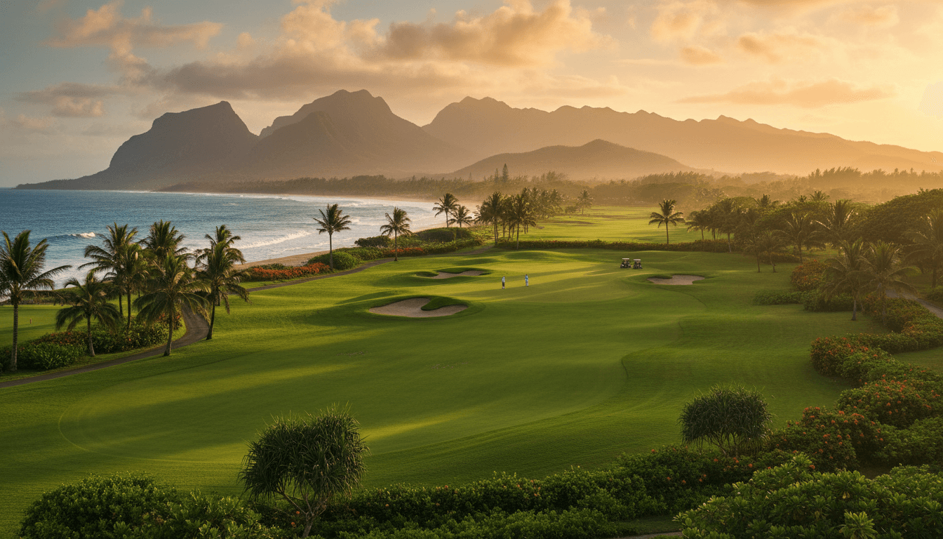 Tropical golf course in a warm climate with manicured greens and scenic landscape backdrop