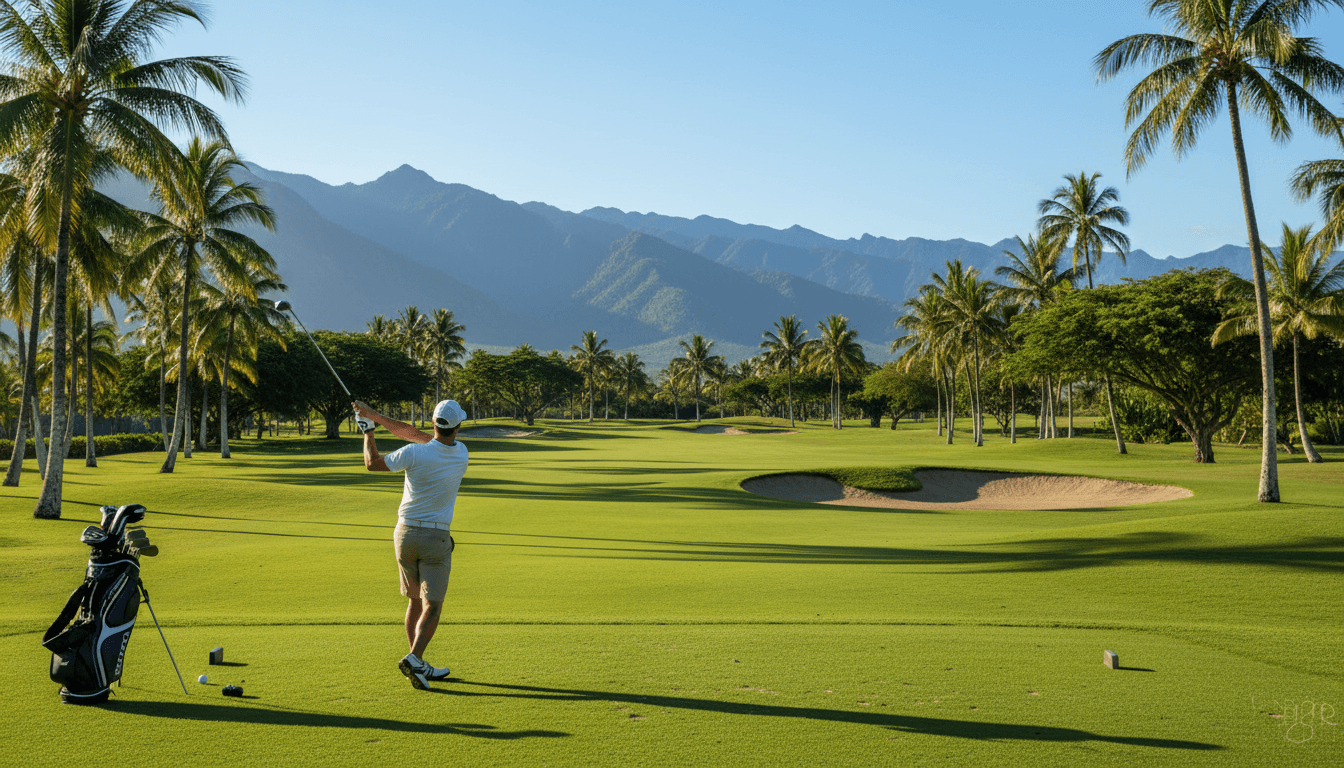 Championship golf course in tropical setting with players mid-swing