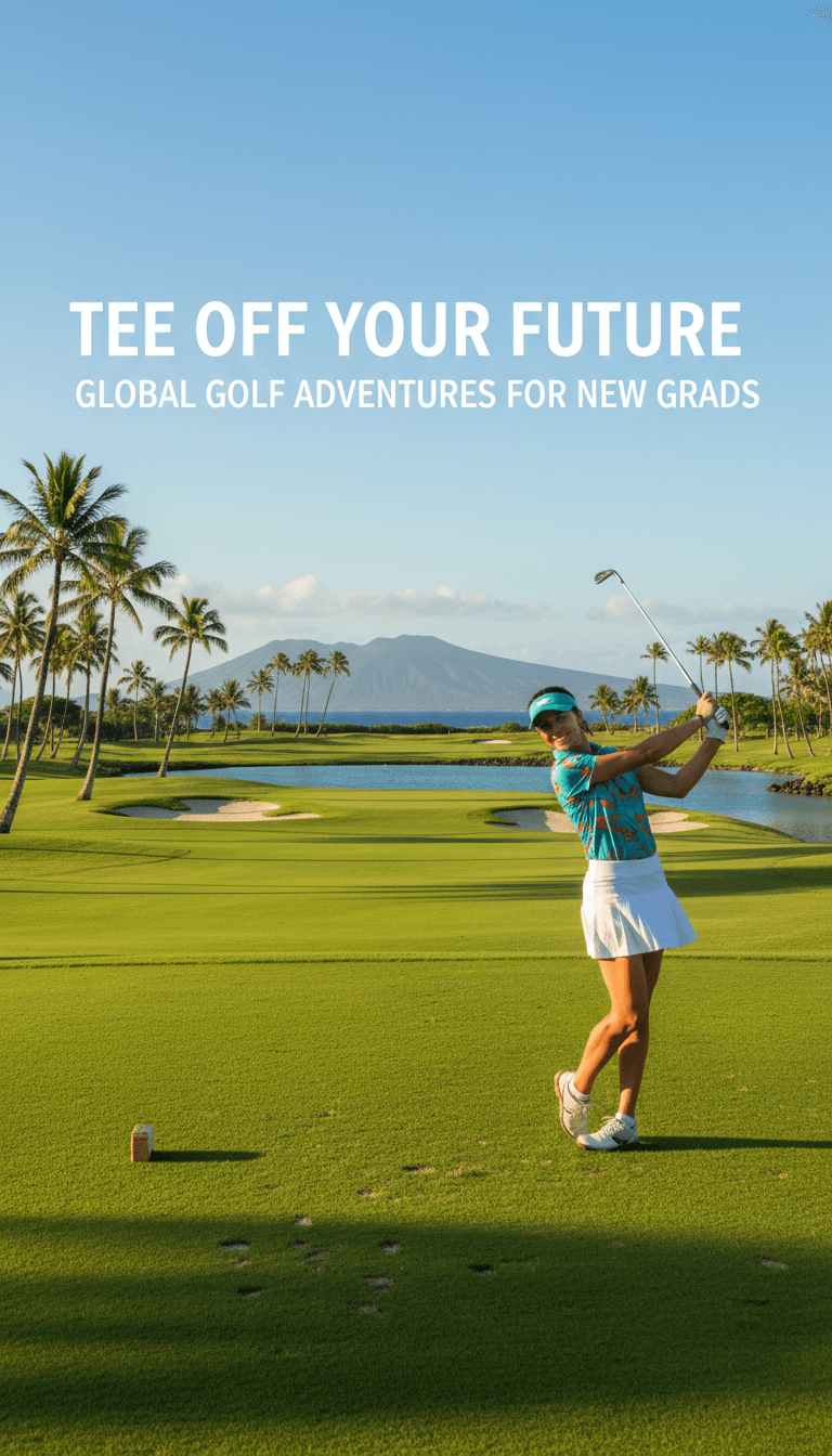 Young golfer mid-swing on a sunlit tropical championship course