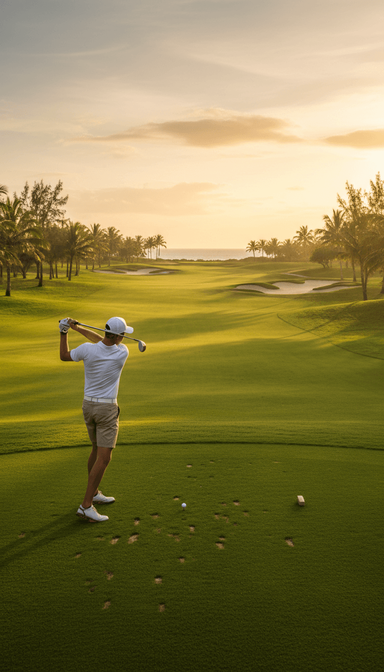 Golfer mid-swing on a tropical championship course