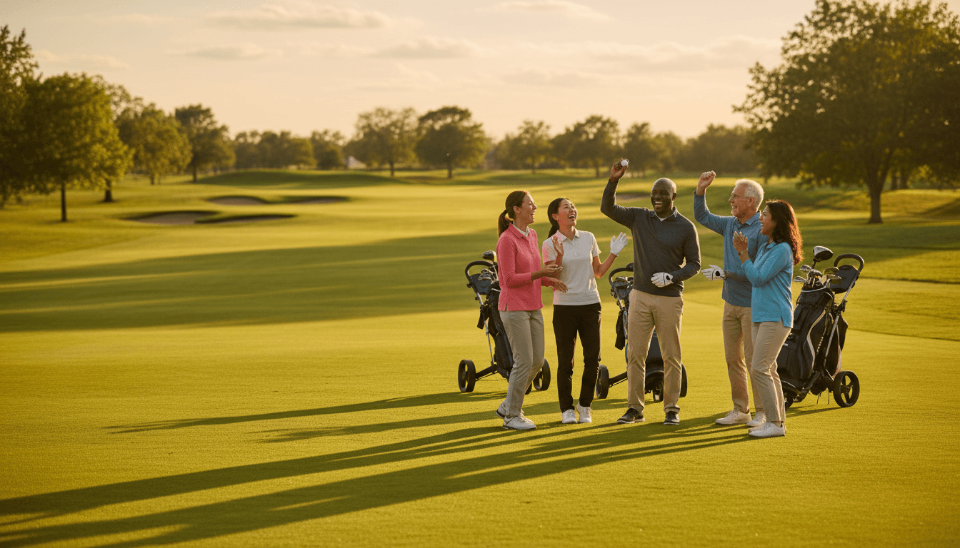 Collegiate golfers enjoying a group moment on a tropical golf course during sunset